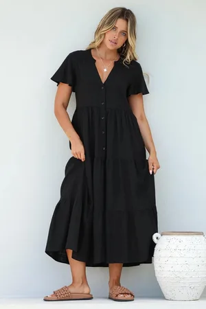 Salty Crush Milla Midi Dress - Tiered Cap Sleeve Button Down Linen Dress in Black