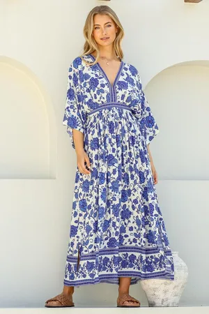 Salty Crush Zelle Maxi Dress - V Neck Batwing Sleeve Dress with Side Splits in Kailin Print Blue