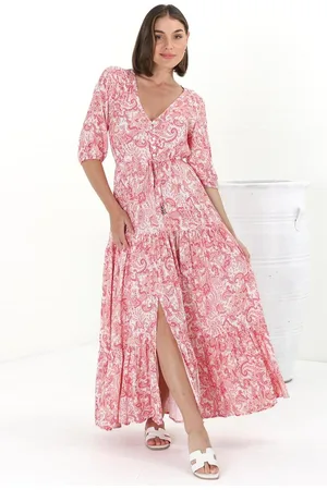 Salty Crush Rachel Maxi Dress - V-Neck 3/4 Sleeve Pull Tie Waist Tiered Dress in Henrietta Print Pink
