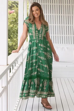 Jaase Carmen Maxi Dress: Butterfly Cap Sleeve Button Down A Line Dress with Lace Trim in Kiva