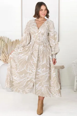 Salty Crush Jolie Midi Dress - V Neck Buttoned Down Long Sleeve Dress in Jeani Print Beige
