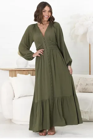 Salty Crush Agatha Maxi Dress - A Line Dress with Gathered Waistline and Long Sleeves in Olive