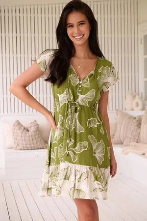 Jaase Faithful Mini Dress: Drawstring Waist Tiered Mini Dress in Emery Print