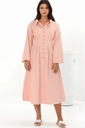 Salty Crush Adalyn Midi Dress - Collared A Line Dress with Cinched Waistline and Contrast Stitching in