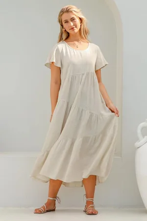 Salty Crush Allegra Midi Dress - Relaxed Asymmetric Tiered Linen Smock Dress in Oat