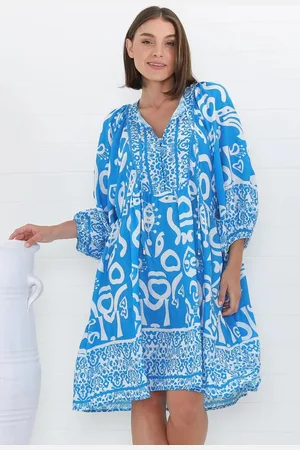 Salty Crush Juddy Mini Dress - Batwing Sleeve Smock Dress with Lace Detailing in Khavi Print Blue