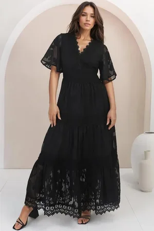 Salty Crush Madeline Maxi Dress - Lace Trim Embroidered A Line Dress in Black
