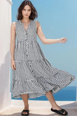 Salty Crush Acelle Midi Dress - Sleeveless Bermuda Collar Button Down Gingham Dress in Black
