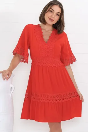 Salty Crush Leelie Mini Dress - Lace Embellished Tiered Dress with Bell Sleeves in