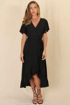 Salty Crush Carolina Midi Dress - V Neck Wrap Dress with Ruffle High Low Hemline in