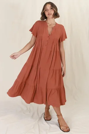 Salty Crush Peggy Midi Dress - Relaxed Mandarin Collar Pleated Bust Tiered Linen Dress in Rust
