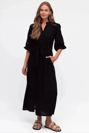 Salty Crush Pennelope Midi Dress - Mandarin Collar Lattice Detailing Dress with Belt in