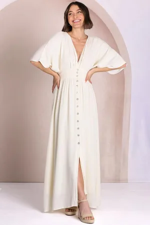 Salty Crush Zyla Maxi Dress - V Neck Button Down Kimono Sleeve Dress in Cream