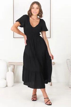 Salty Crush Amaya Midi Dress - Shirred Cap Sleeve A Line Dress in