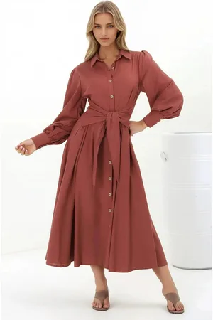 Salty Crush August Midi Dress - Collared Shirt Balloon Sleeve Dress with Waist Tie in Rust