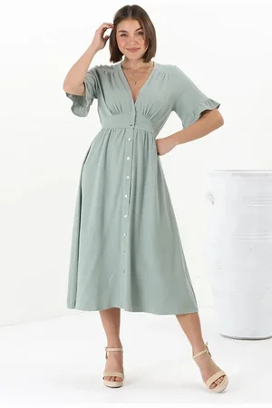 Salty Crush Rizelda Midi Dress - V Neck Button Through Dress with Bell Sleeves in Sage