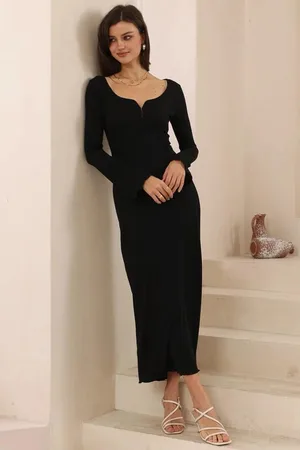 Salty Crush Shannon Maxi Dress - Defined Bustline Long Sleeve Knit Dress with Scallop Hemlines in