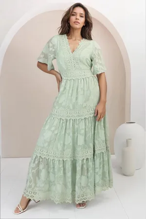 Salty Crush Madeline Maxi Dress - Lace Trim Embroidered A Line Dress in Mint