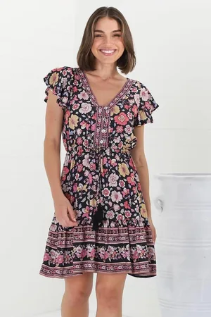 Salty Crush Kailin Mini Dress - Cap Sleeve A Line Dress in Anissa Print Black