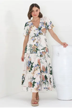 Salty Crush Adhira Maxi Dress - Buttoned Bodice A-Line Dress with Flute Sleeves in Raven Print