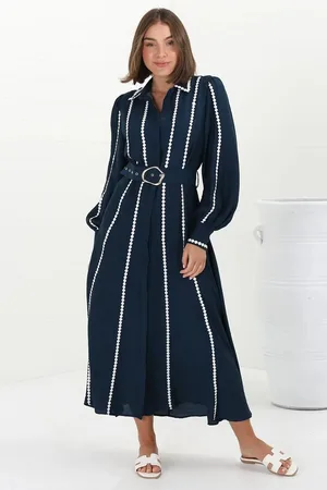 Salty Crush Monty Maxi Dress - Contrast Detailing Button Down Dress with Belt in