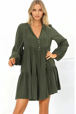 Salty Crush Hollis Mini Dress - Buttoned Bodice Long Sleeve Smock Dress in Khaki