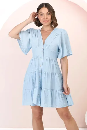 Salty Crush Aalia Mini Dress - Short Cape Sleeve Button Down V-Neck Dress