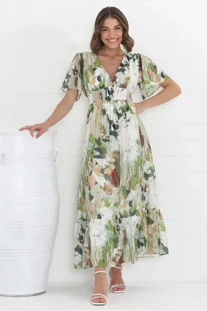 Salty Crush Glades Maxi Dress - V Neck Shirred Waist A Line Dress in Kamara Print
