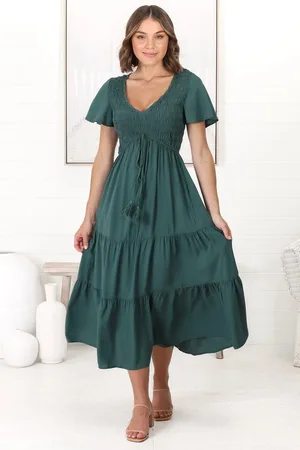Salty Crush Amaya Midi Dress - Shirred Cap Sleeve A Line Dress in Emerald
