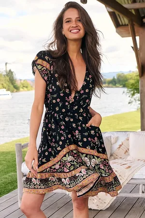 Jaase Lizzie Mini Dress: Butterfly Cap Sleeve Button Down Dress with Pockets in Eternity Print