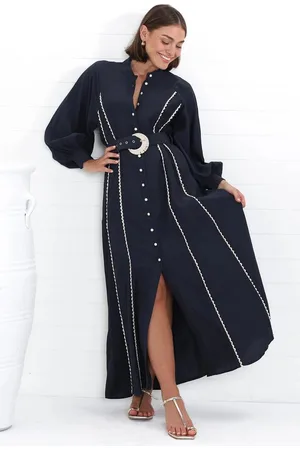 Salty Crush Darcy Maxi Dress - Contrast Detailing Button Down Dress with Belt in