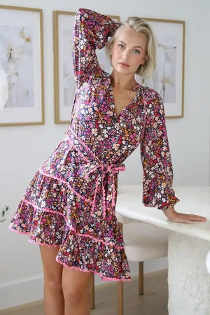 Salty Crush Lainie Mini Dress - Tiered Crochet Trim Mini Dress with Matching Belt in Fallon Print