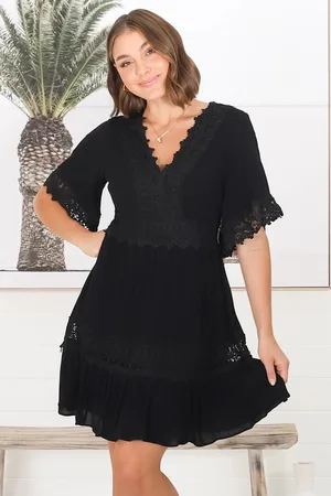 Salty Crush Leelie Mini Dress - Lace Embellished Tiered Dress with Bell Sleeves in