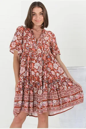 Salty Crush Lilou Mini Dress - Pull Over Dress With Buttoned Bodice in Anissa Print Rust