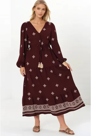 Salty Crush Rylie Maxi Dress - Embroidered Long Sleeve Dress with Pull Tie Waist in Vesper Print Wine