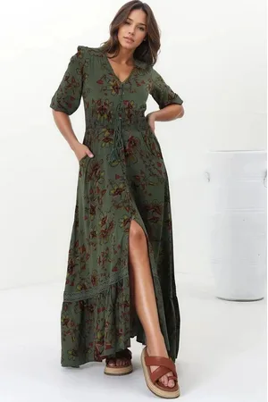 Jaase Romi Maxi Dress: Button Down 3/4 Sleeve Dress with Waist Tie in Esme Print