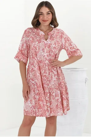 Salty Crush Evie Mini Dress - 3/4 Sleeve Tiered Smock Dress in Henrietta Print Pink