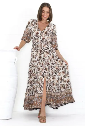 Salty Crush Rachel Maxi Dress - V-Neck 3/4 Sleeve Pull Tie Waist Tiered Dress in Djonga Print Beige