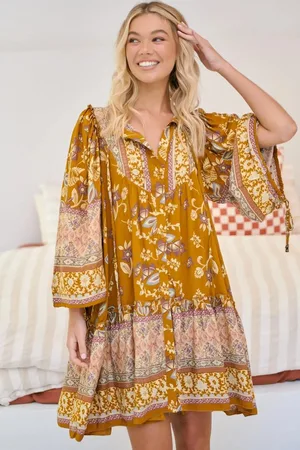 Jaase Palma Mini Dress: Long Sleeve Button Down Smock Dress with Neck Tie in Emre Print