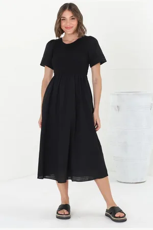 Salty Crush Zoya Midi Dress - Crew Neck Textured A-Line Dress with Short Sleeves in Black