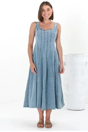 Salty Crush Jadely Midi Dress - Adjustable Strap A-Line Denim Sun Dress in Light Denim