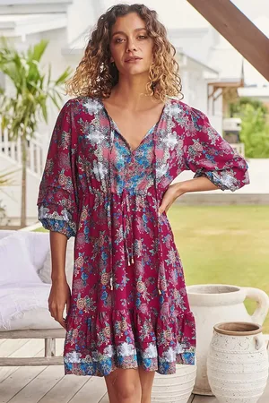 Jaase Faithful Mini Dress: Drawstring Waist Tiered Mini Dress in Strawberry Kiss Print