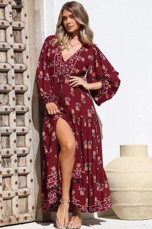 Jaase Teresa Maxi Dress: A Line Dress with Long Balloon Sleeves in Grenache Print