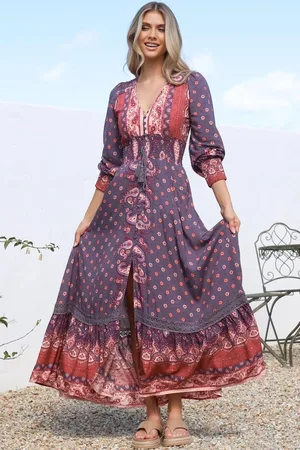 Jaase Sabrina Maxi Dress: A Line Button Through Dress with Long Sleeves in Dancing Daisy Print
