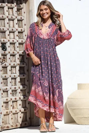 Jaase Boheme Midi Dress: Piping Defined Bust Slimline Smock Dress In Dancing Daisy Print