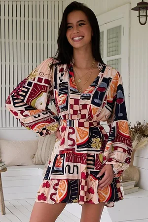 Jaase Jayde Mini Dress: Lattice Detailed A Line Dress with Tiered Skirt in Barossa Print