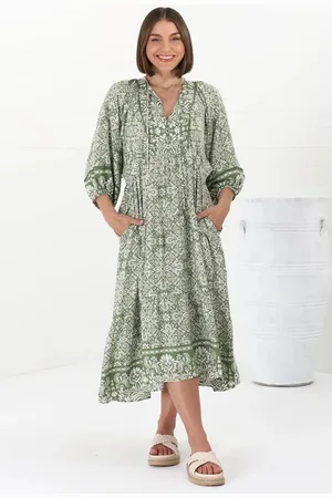 Salty Crush Kamali Midi Dress - Batwing Sleeve Smock Dress with Lace Detailing in Harley Print