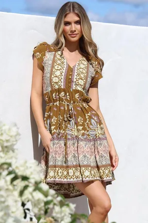 Jaase Tracey Mini Dress: Cap Sleeve Dress with Waist Tie in Emre Print
