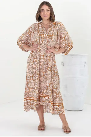 Salty Crush Kamali Midi Dress - Batwing Sleeve Smock Dress with Lace Detailing in Harley Print Rust