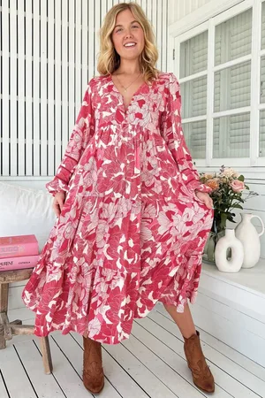 Jaase Eve Midi Dress: V Neck Long Sleeve Tiered Dress with Option Waist Tie in Soulina Print